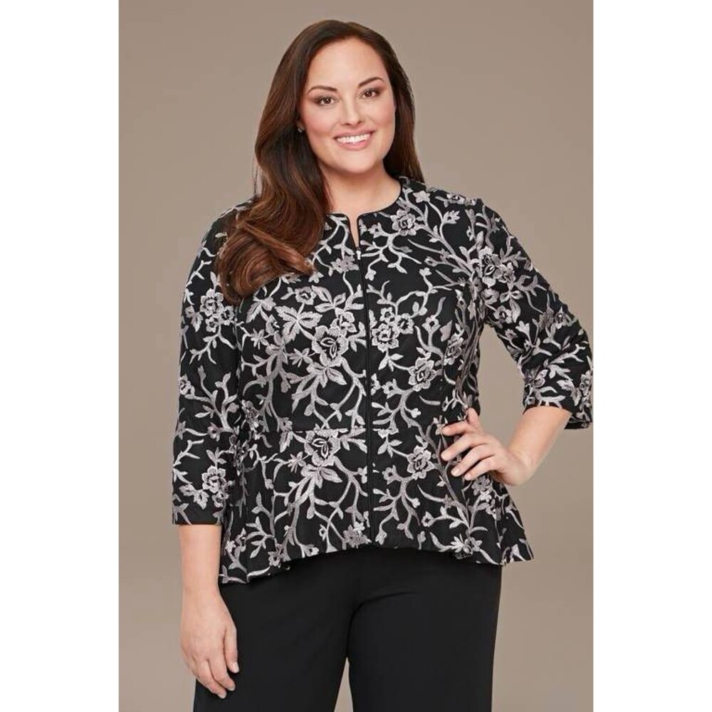 Alex Evenings Embroidered Floral Peplum Jacket Black/Metallic Pink - Size 1X